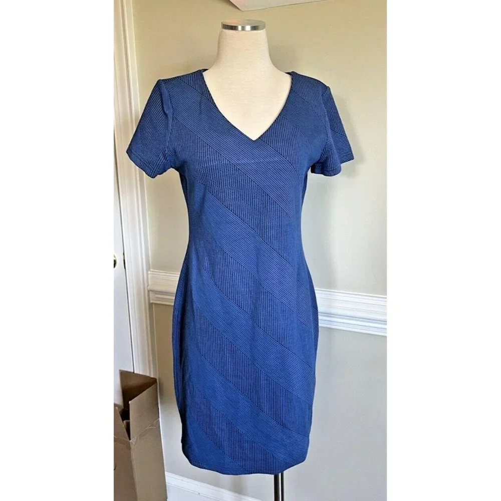 Sharagano Womens‎ Dress Blue Textured Short Sleeve Size 10 Stretchy Knit Shift